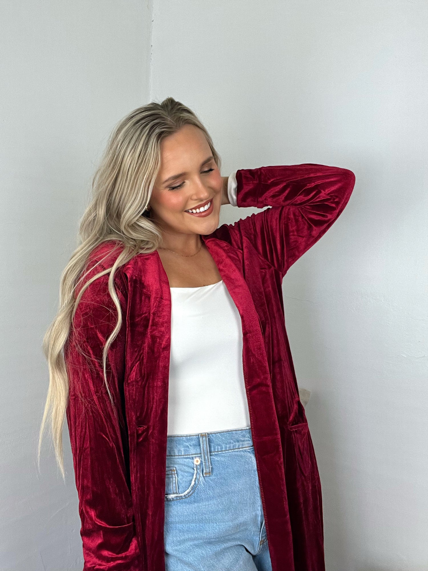 RED VELVET BUTTON DOWN DUSTER CARDIGAN – Brianne's Boutique