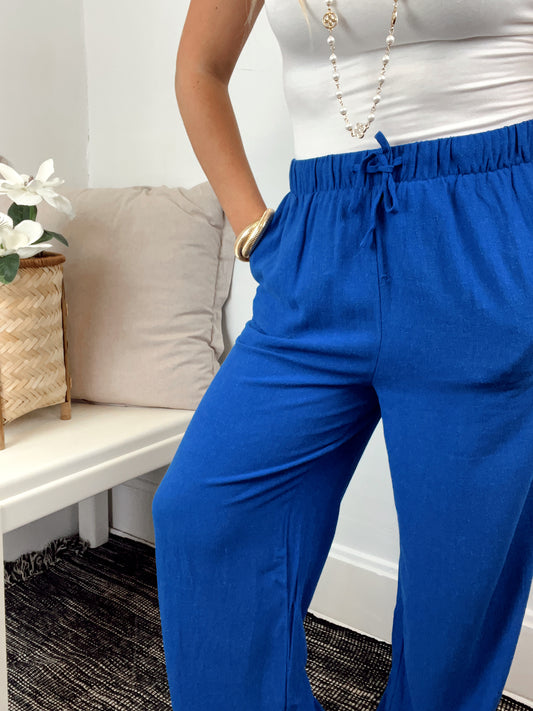 Linen Wide Leg Pant - Cobalt Blue