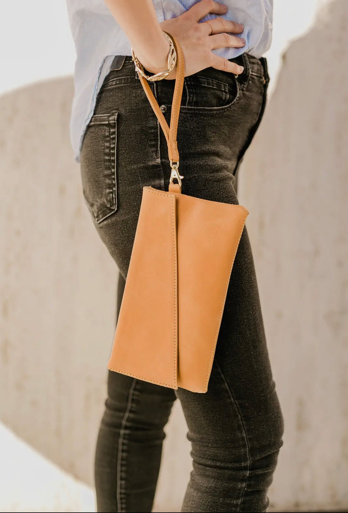 Caramel Genuine Leather Wristlet/Clutch