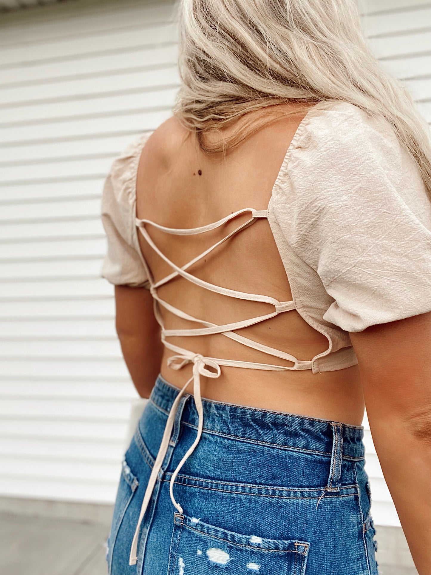 Lace Up Backless Puff Sleeve Top - Cream
